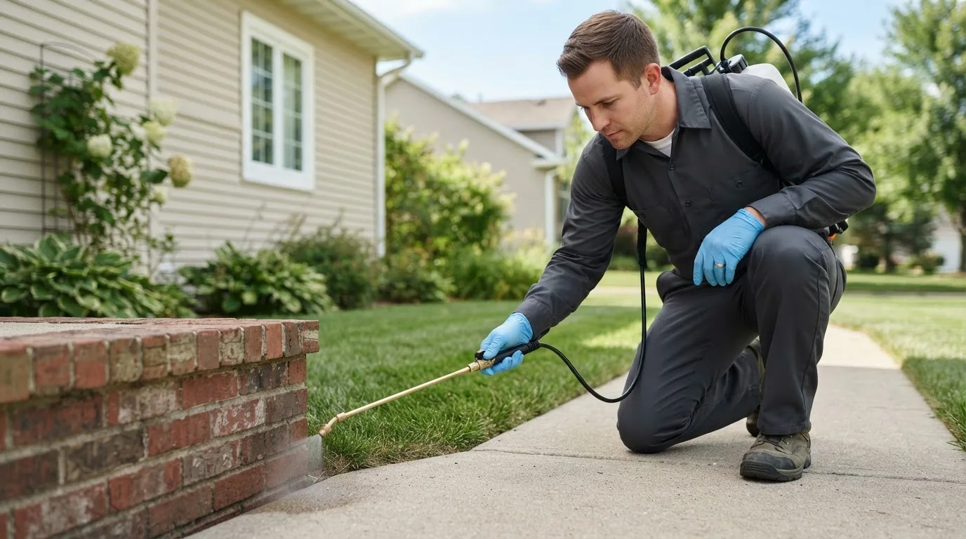 Pest control technician treating a home near Breesport, NY