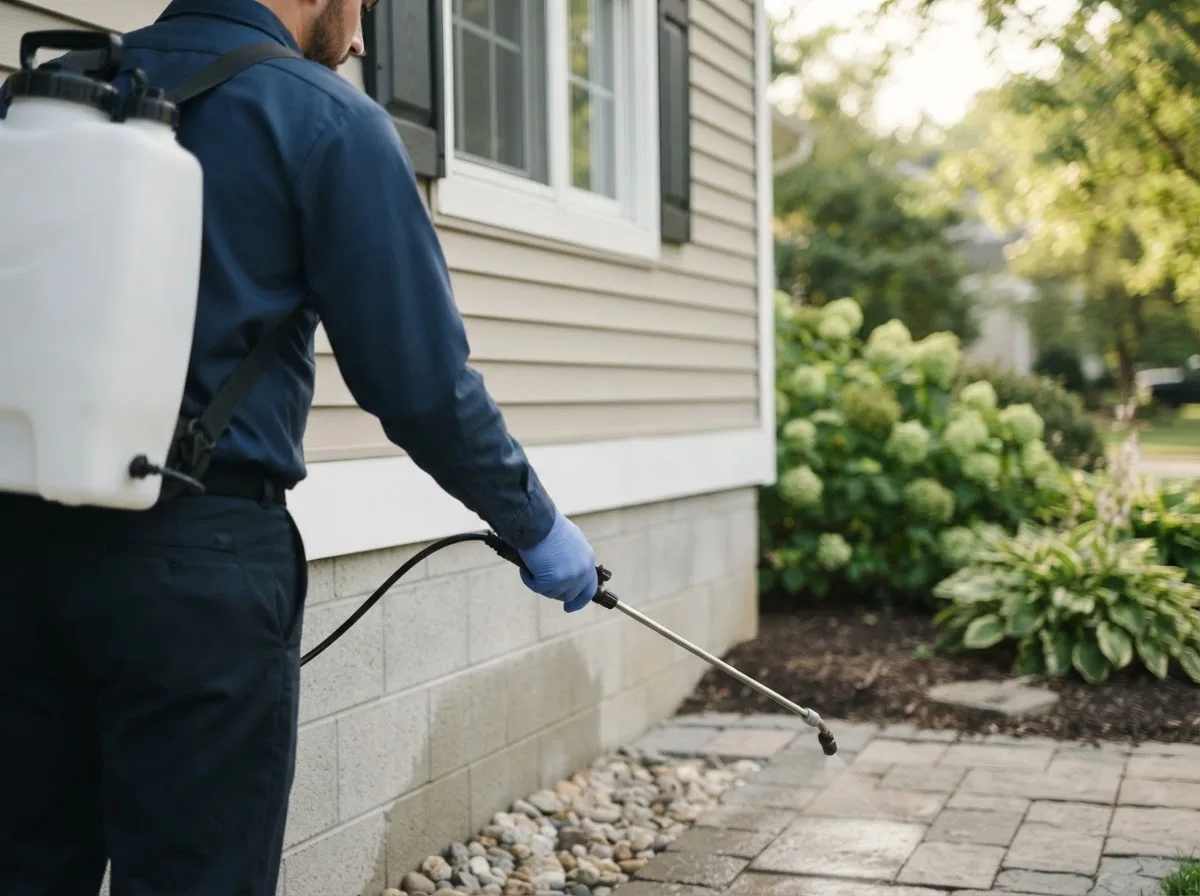 Pest control technician inspecting a home in Breesport, NY